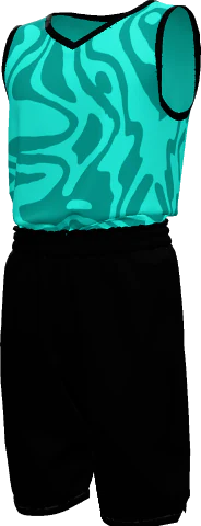 Teal swirl basketball kit with black shorts