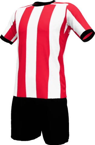 Red and white striped soccer jersey with black shorts in the KitStudio jersey designer